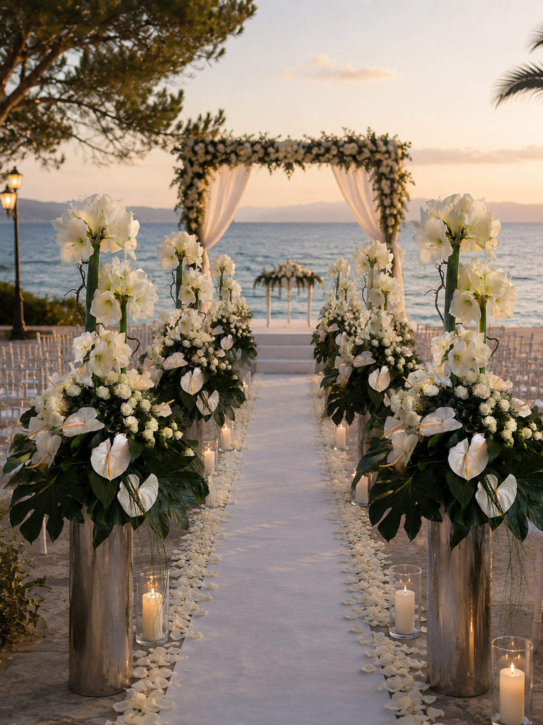 All-white στολισμός γαμήλιας τελετής με floral arch, anthurium, orchids και κεριά με θέα θάλασσα στην Αθήνα