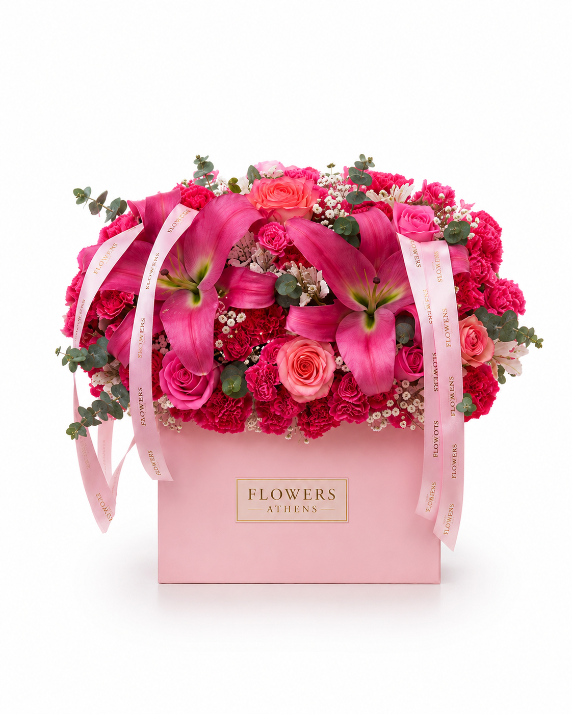 Composition in Pink Box with Lilies & Roses | Flowers Athens