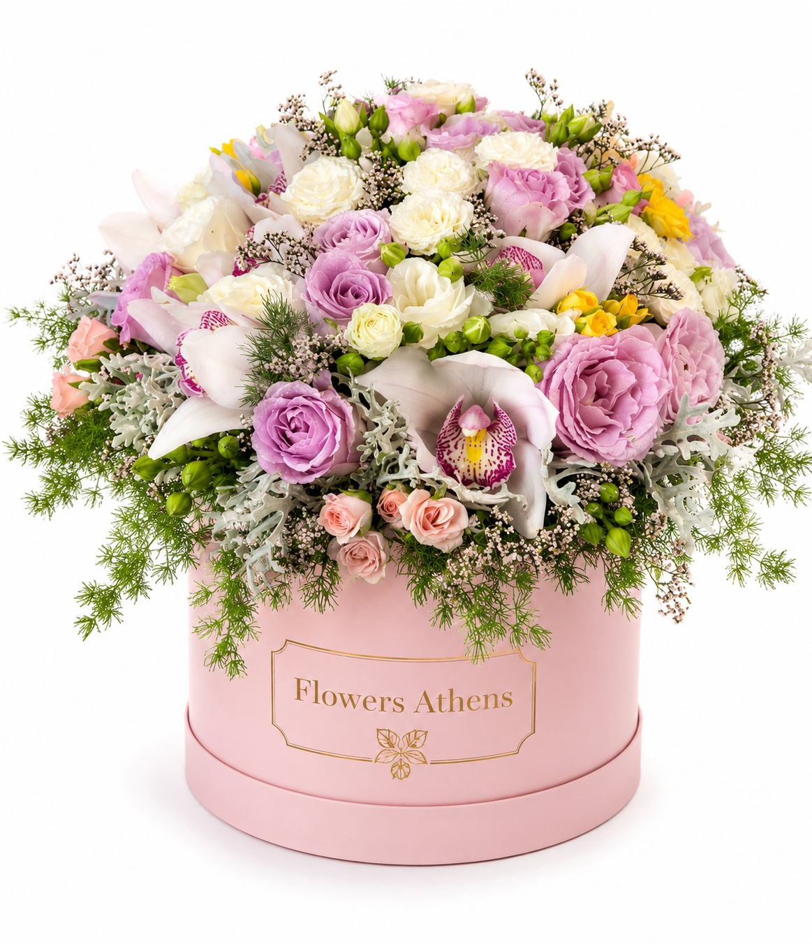 Μοβ Μαγεία με Ορχιδέα | Σύνθεση σε Ροζ Κουτί Flowers Athens