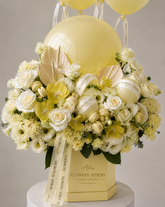 Yellow Arrangement Roses & Orchids with Macarons and Balloons | Flowers Athens
