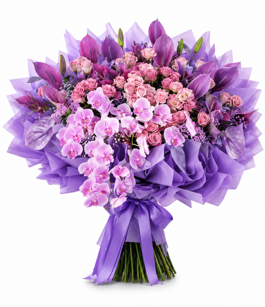 Μπουκέτο Ροζ Ορχιδέες & Μοβ Κρίνοι | Flowers Athens
