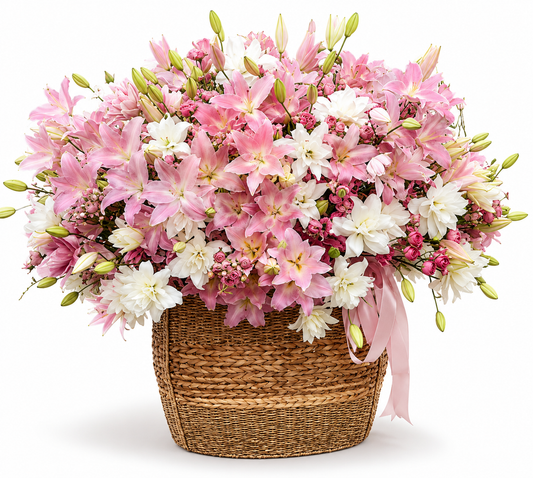 Pink Lily & Chrysanthemum Arrangement in Wicker Basket | Flower Basket Arrangement Athens