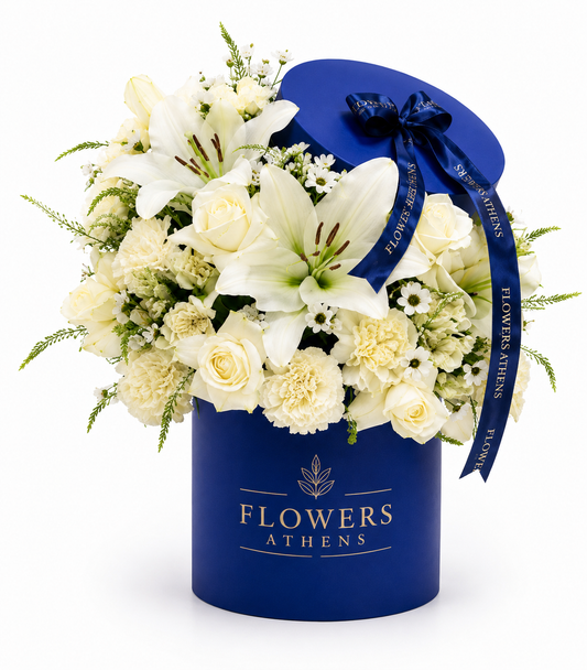 Λευκή Γαλήνη | Σύνθεση σε Navy Κουτί FlowersAthens
