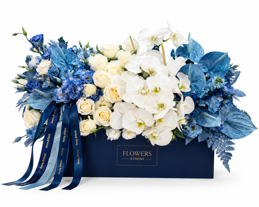 Blue Anthuriums & White Orchids in a Box | Blue Luxury Box