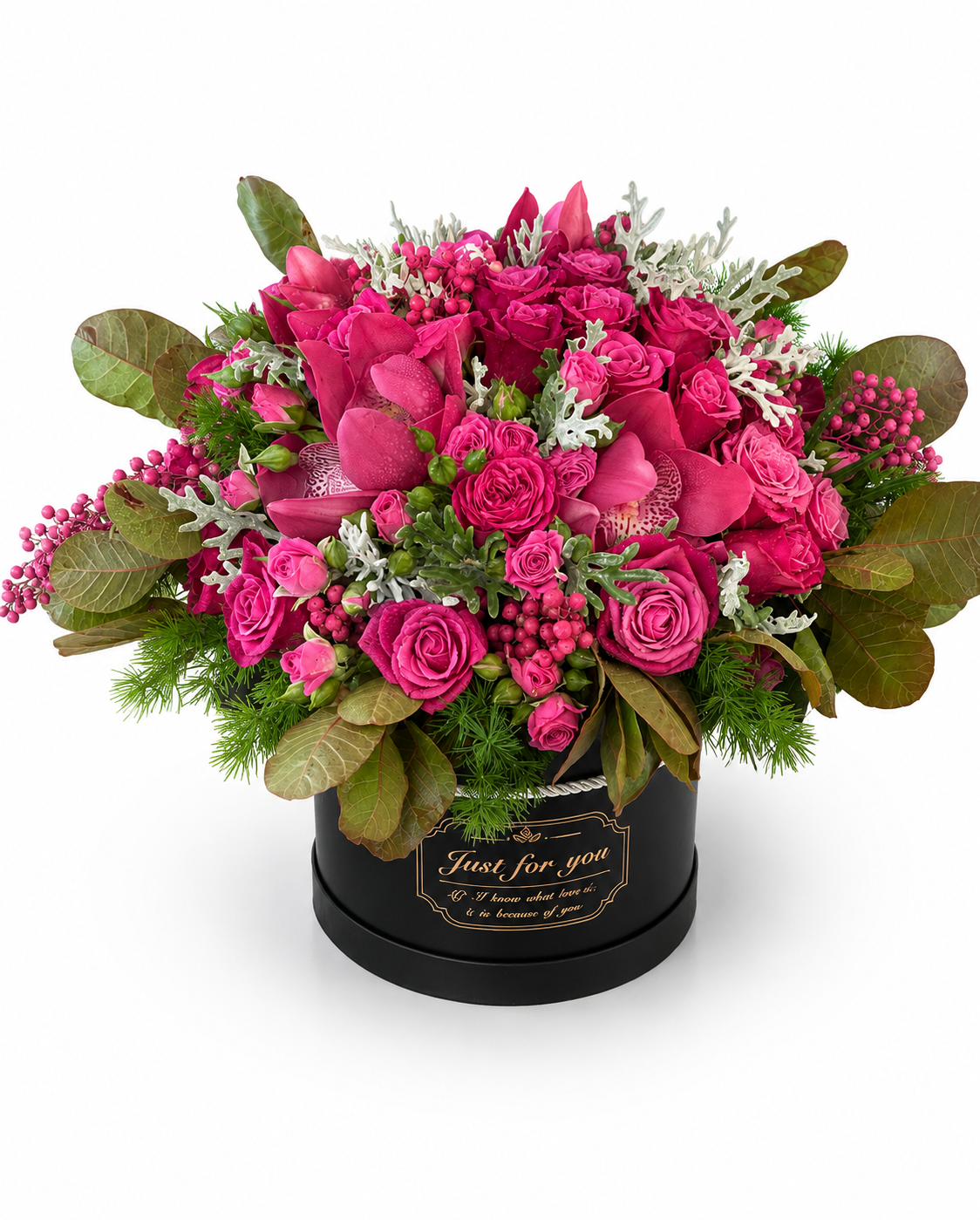 Fuchsia Passion | Arrangement in Black Box FlowersAthens