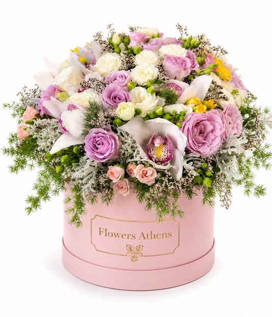 Μοβ Μαγεία με Ορχιδέα | Σύνθεση σε Ροζ Κουτί Flowers Athens