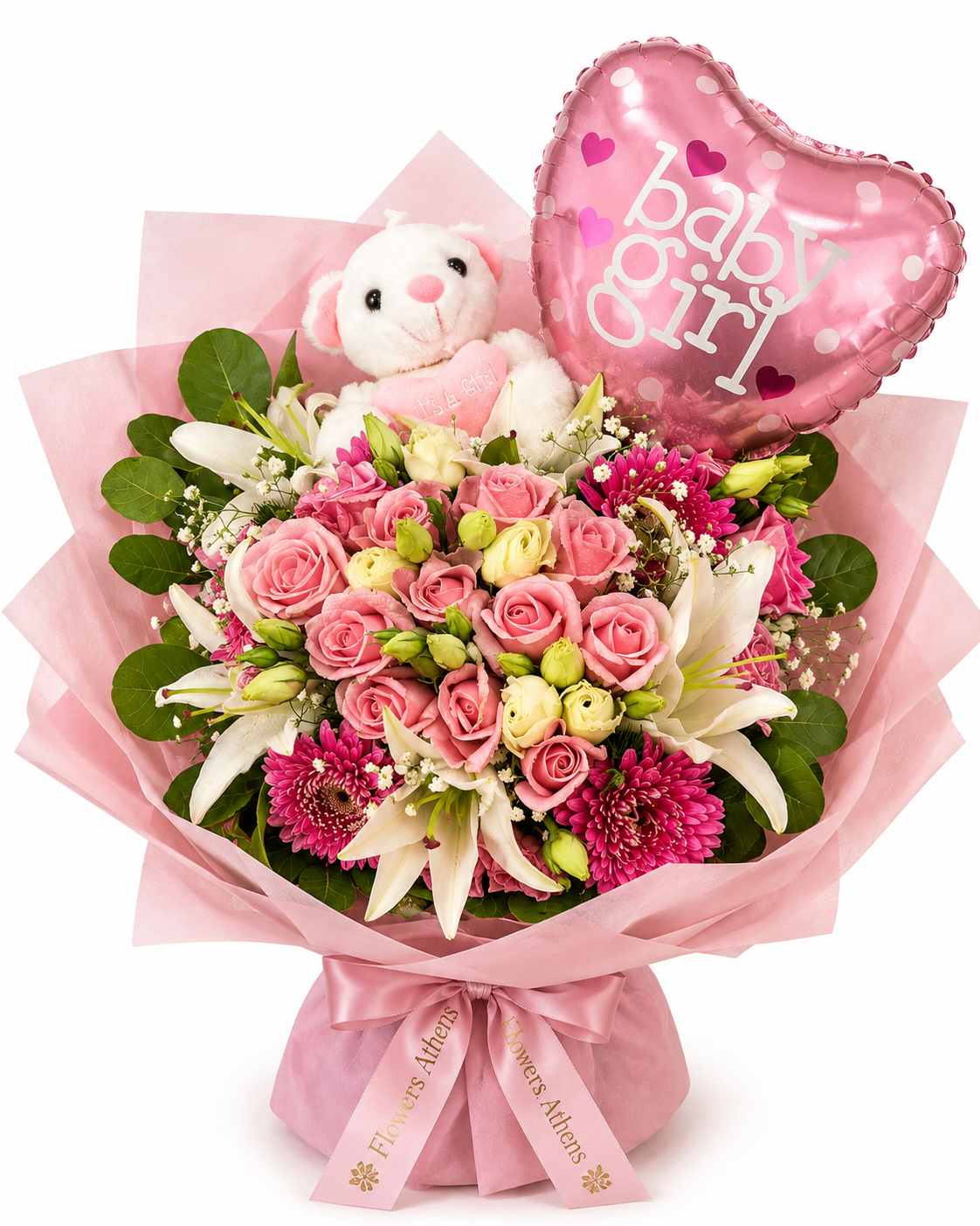 Baby Girl Joy | Bouquet with Teddy Bear & Balloon Flowers Athens