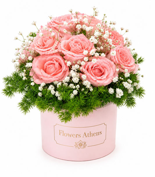 Ροζ Απαλότητα | Σύνθεση σε Ροζ Κουτί Flowers Athens