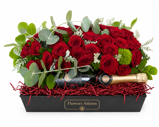 Red Temptation | Arrangement with Roses & Champagne Flowers Athens