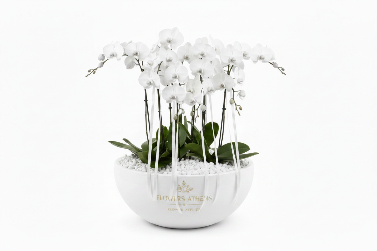 All white orchid arrangement with white pot
