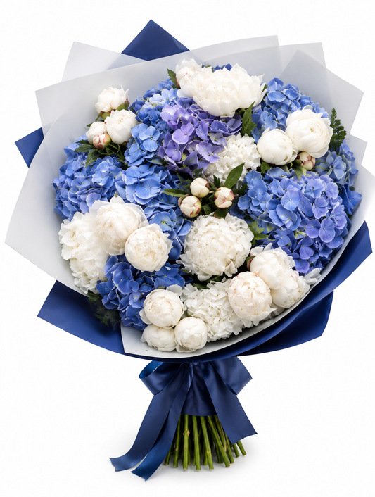 Μπουκέτο Μπλε Ορτανσίες & Λευκές Παιώνιες | Flowers Athens