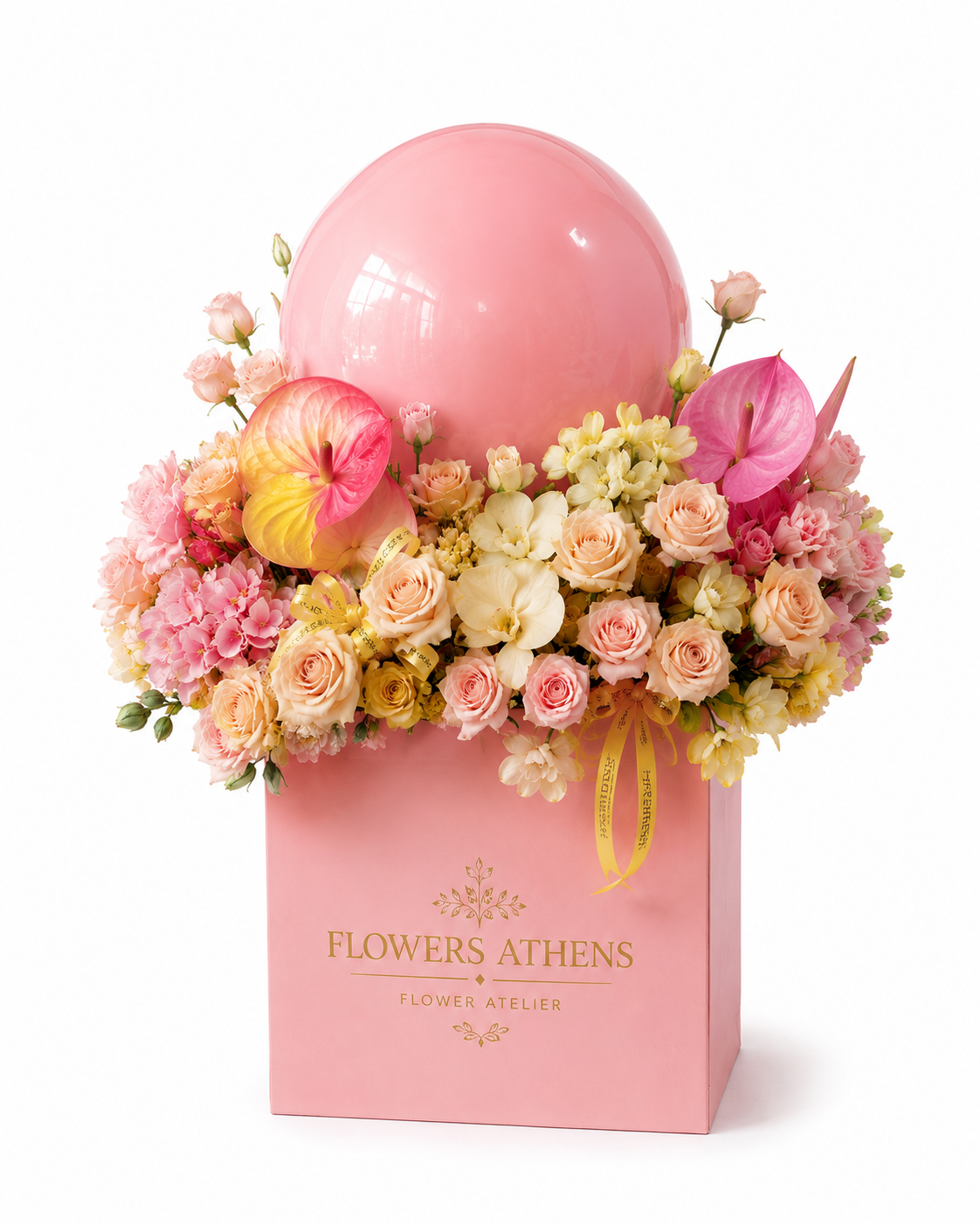 Pink Anthurium & Rose Arrangement with Balloon | Flowers Athens