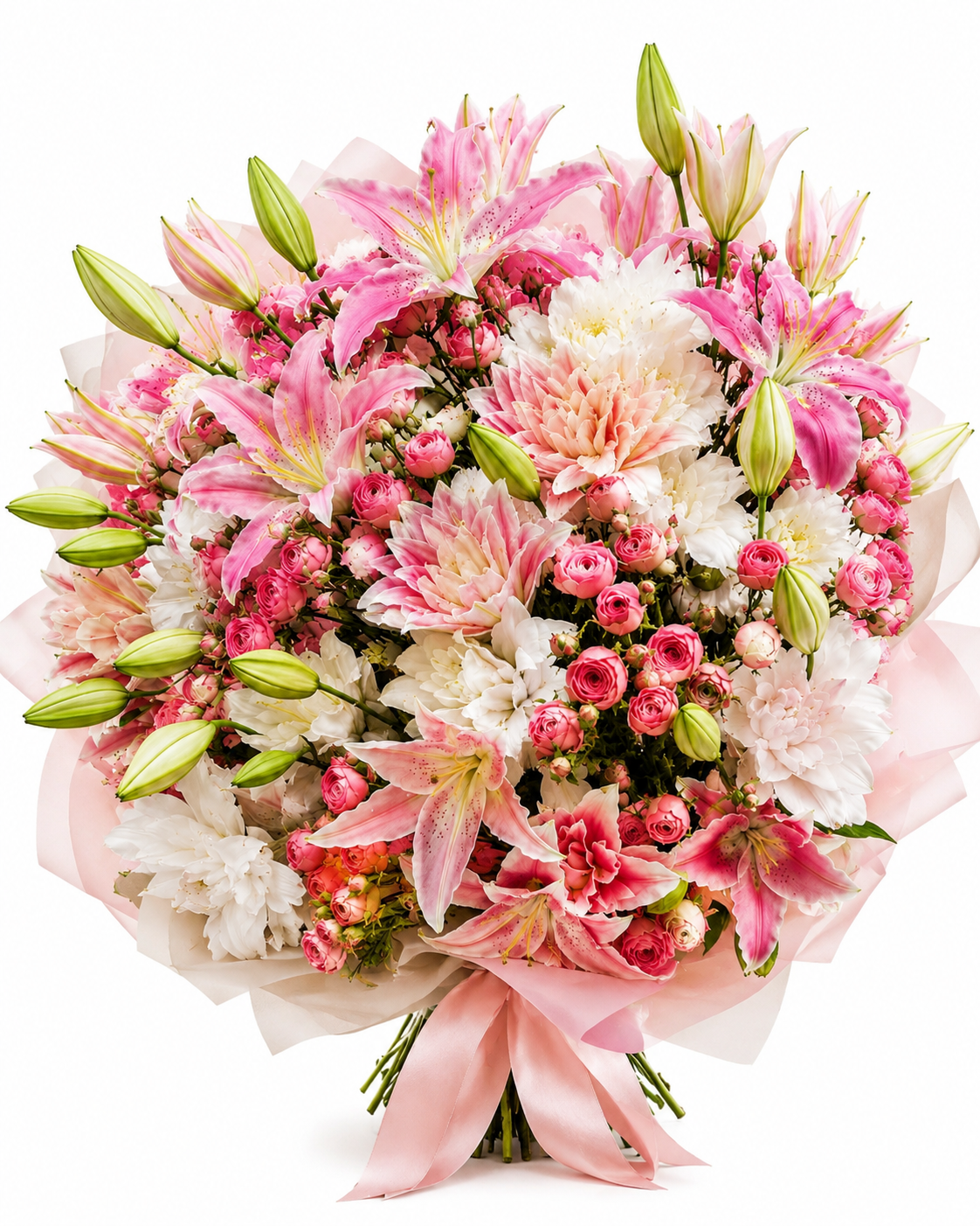 Ροζ Μπουκέτο Κρίνοι, Δάλιες & Χρυσάνθεμα | Flowers Athens