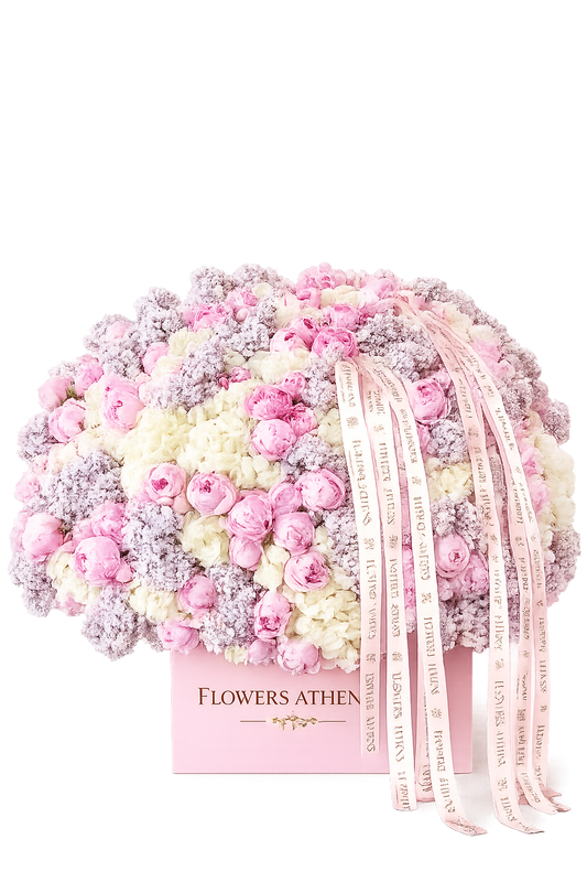 Pink Peonies & Hydrangeas Arrangement in a Box | Flowers Athens