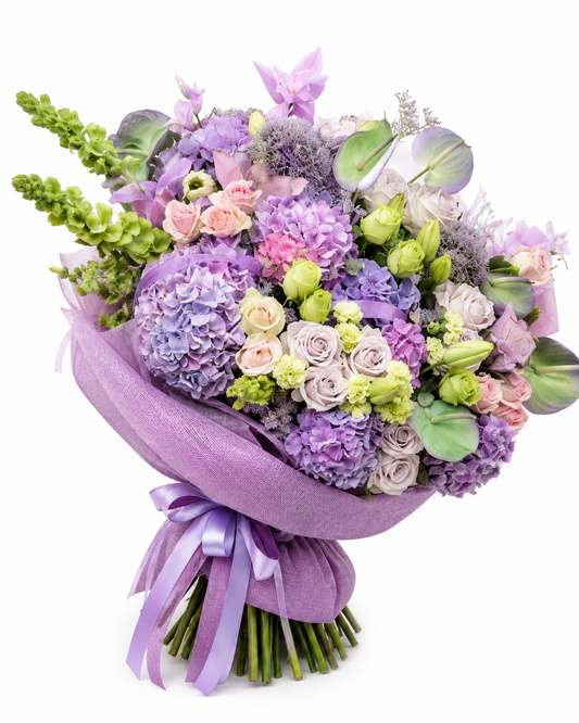 Μπουκέτο Λιλά Ορτανσίες & Μοβ Τριαντάφυλλα | Flowers Athens