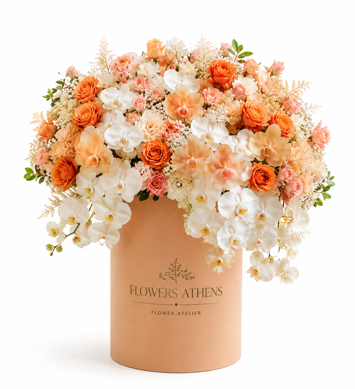 Orange Roses & White Orchids in a Box | Flowers Athens